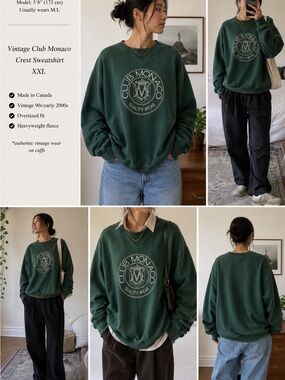 Authentic Vintage Club Monaco Forest Green Crest Sweatshirt XXL Made in Canada